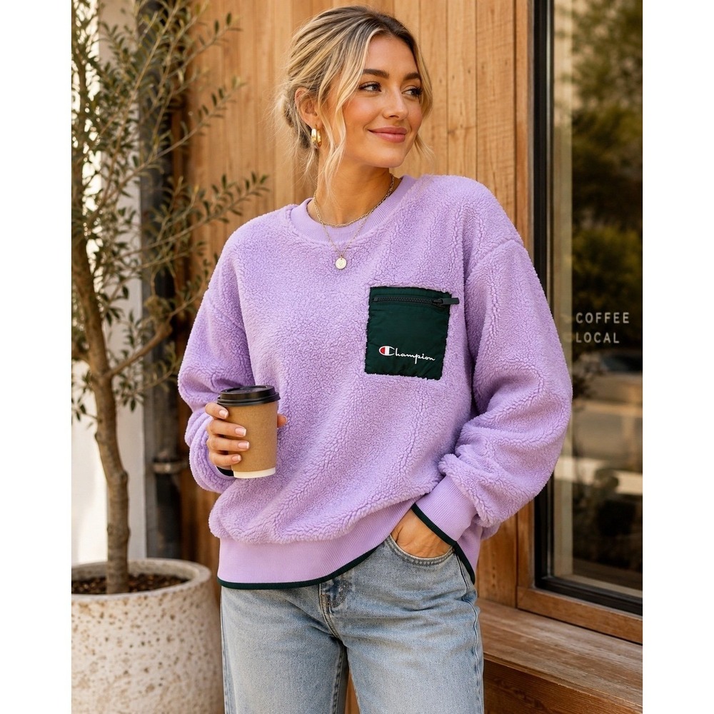 Champion Sherpa Fleece Pullover Lavender Crewneck Pocket Sweatshirt Large